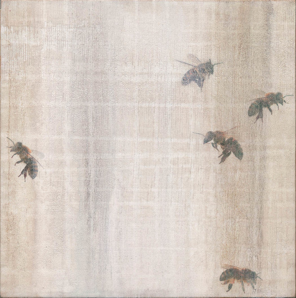 Heather Goodman Bees mixed media on wood panel