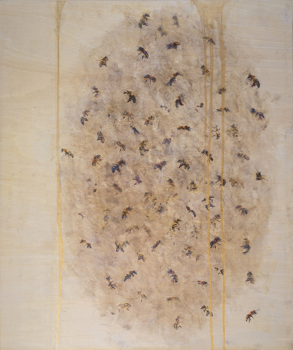 Heather Goodman Bees mixed media on wood panel