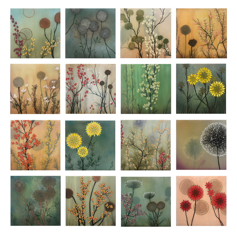 IVY JACOBSEN Wallflowers Series oil, acrylic, resin, & collage on wood panel