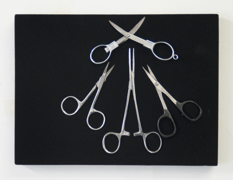 jesse robinson Confiscation Displays Scissors, wood, nylon microfiber, epoxy putty, and hardware