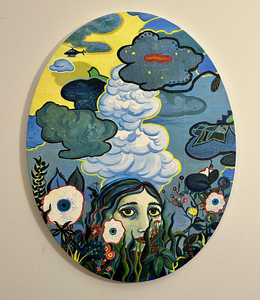 Jill Slaymaker Paintings oil, ink, acrylic on journal pages, mounted on oval-shaped canvas