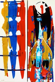 KAREN L KIRSHNER Pop/Surrealistic Abstracts diptych, 30 x 20 inches (30 x 10 each)