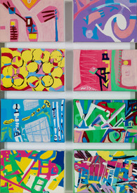 KAREN L KIRSHNER Pop/Surrealistic Abstracts eight 4 x 6 inch canvases, 20 x 14 inches overall