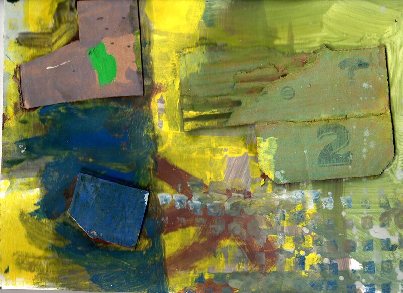  "S.A.D.  Series".  Tempera paint, oil patle, and cardboard relief elements on paper.