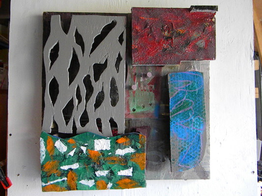Lawrence J. Philp Constructions/Assemblage/Sculpture Oil pastel, acrylic, wood cutouts mounted on board at various levels.