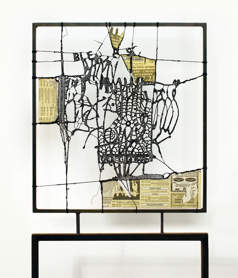 Leslie Hirst Objectively Speaking cotton thread and Yellow Pages mounted to steel frame
