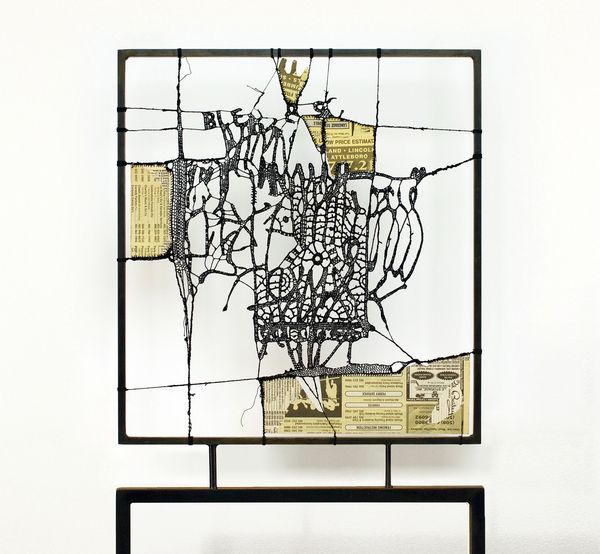 Leslie Hirst Message Threads cotton thread and Yellow Pages mounted to steel frame