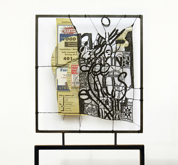 Leslie Hirst Message Threads cotton thread and Yellow Pages mounted to steel frame