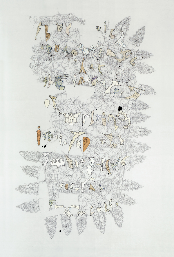 Leslie Hirst Message Threads ink and fragments of hand-written letters on vellum