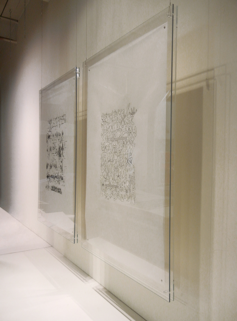 Leslie Hirst Message Threads ink and fragments of hand-written letters on vellum suspended between plexiglas