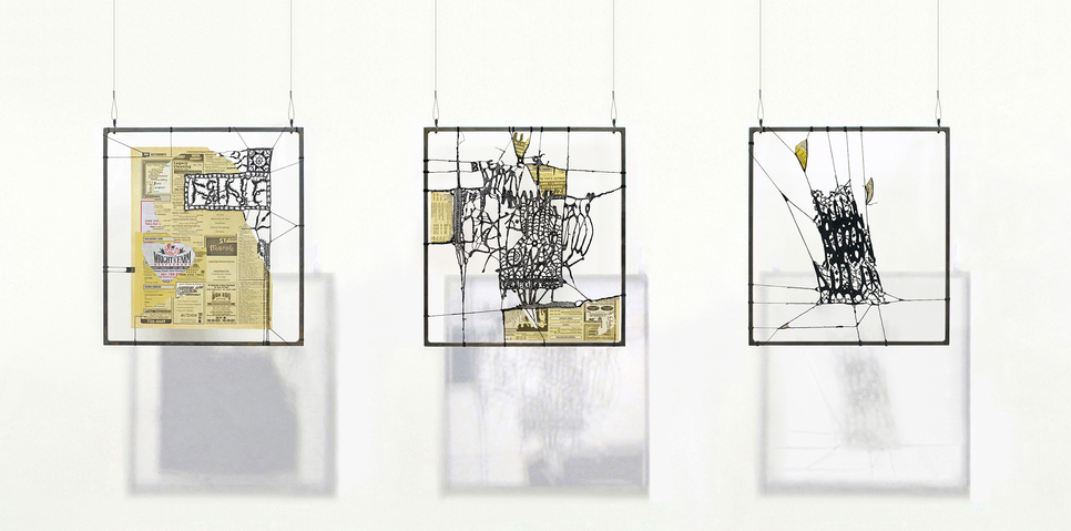 Leslie Hirst Message Threads collage of telephone directories and black cotton thread mounted to steel frame