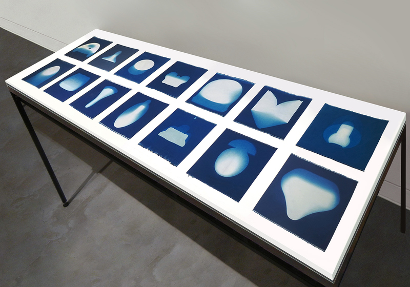 Leslie Hirst of rock and air cyanotype prints on cotton