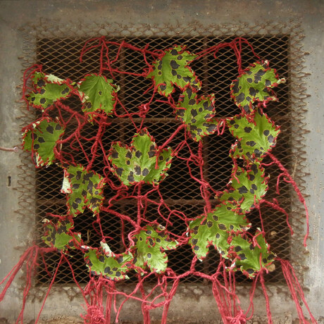 Leslie Hirst From Here diseased leaves and wool yarn