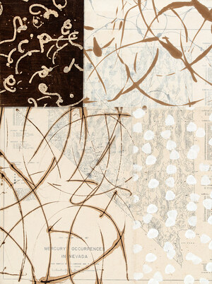  Collage on Deep Panel Sumi, walnut, and acrylic ink, wax resist, rice paper, vintage mining map on cradled board