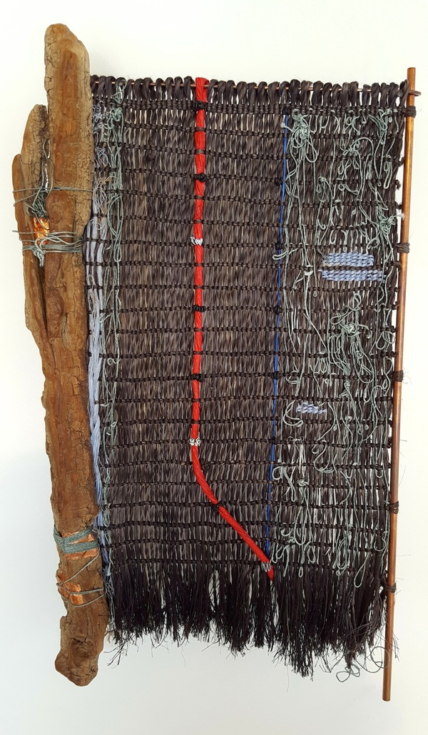 Michelle Mayn 2017 - Shimmer Muka (NZ Flax Fibre), found thread, wood, copper, acrylic coated thread and acrylic