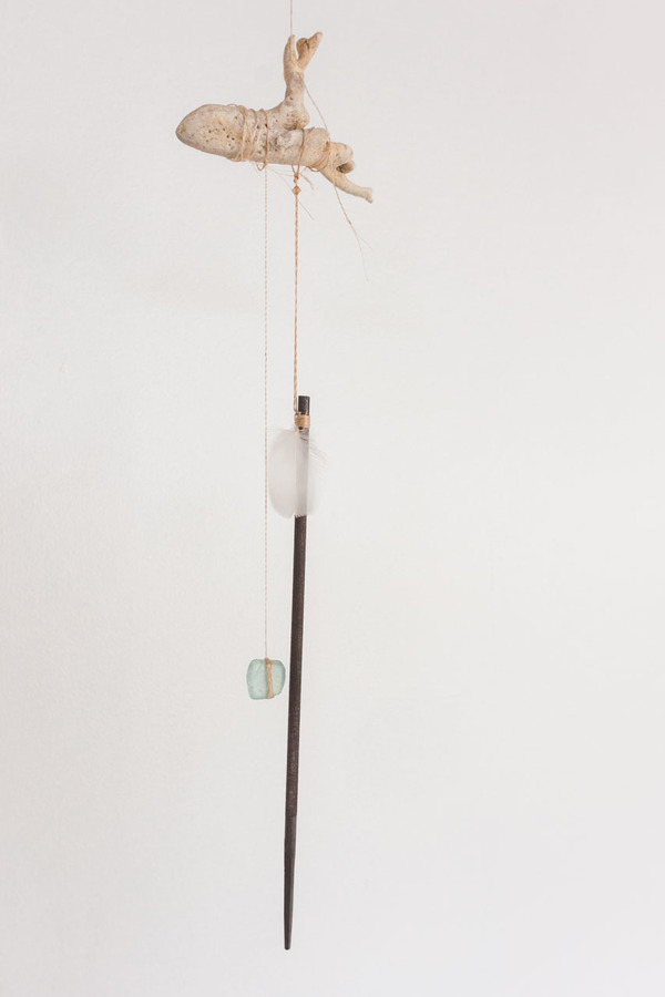 Michelle Mayn 2017 - Shimmer Muka (NZ Flax fibre), metal file, weathered beach glass, feather, found bone (unknown) and Swarovski crystal
