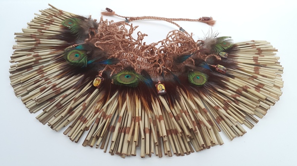 Michelle Mayn 2017 - Shimmer Dried and Rolled Harakeke/NZ Flax, Muka (NZ Flax fibre), Feathers, Wooden Beads, Wooden Bracelet Charm