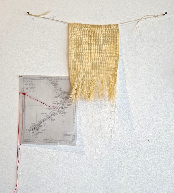 Michelle Mayn 2017 - Shimmer Muka (NZ flax fibre), Digital image on transparent paper* -*Chart of New Zealand explored in 1769 and 1770 by Lieut.I. Cook commander of His Majesty's bark Endeavour.