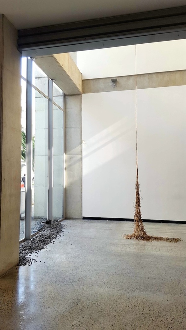 Michelle Mayn Harakeke Rope (2019 ongoing) Muka fibre extracted from harakeke leaf blade by scraping with mussel shell.  Harakeke rib and outer leaf blade flax fibre stripped.  Peg
