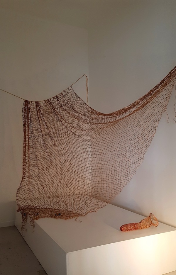 Michelle Mayn Knotted Net (2016) Copper Mesh, muka, silver wire, glass beads, crystals and riverstone