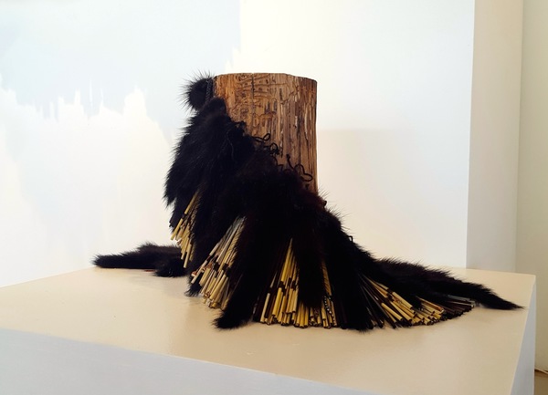 Michelle Mayn 2017 - Shimmer Mink fur, harakeke/New Zealand Flax fibre, copper wire, diamanté, glass beads, found wood