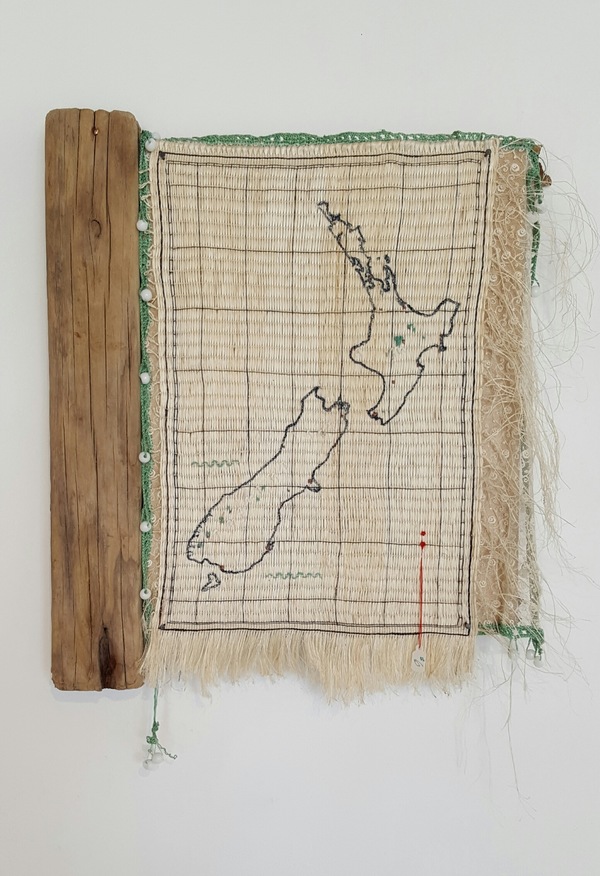 Michelle Mayn 2017 - Shimmer Muka (NZ Flax fibre), wood, lace, wool, silk thread, cotton, tacks, copper nail and paper