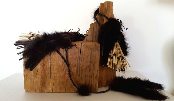  A Study in Mink Mink fur, harakeke/New Zealand Flax fibre, copper wire, diamanté, glass beads, driftwood (Hudson River, NYC)