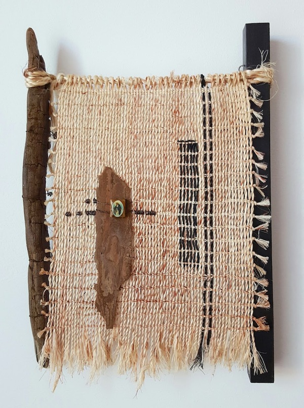 Michelle Mayn Lineage Muka (NZ flax fibre), Driftwood from the Hudson River, Balsa wood, copper wire, found steel wire (rusted), bark, charm, found thread, Swarovski crystal, tack