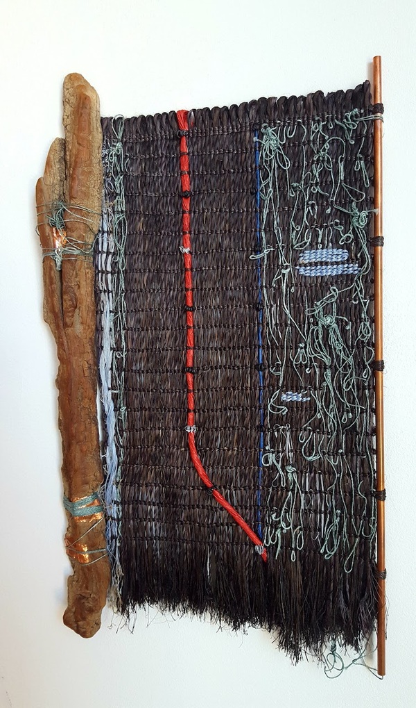 Michelle Mayn Manahatta Muka (NZ flax fibre), found driftwood and thread (Hudson River, NYC), copper foil, copper pipe, acrylic coated thread, paper