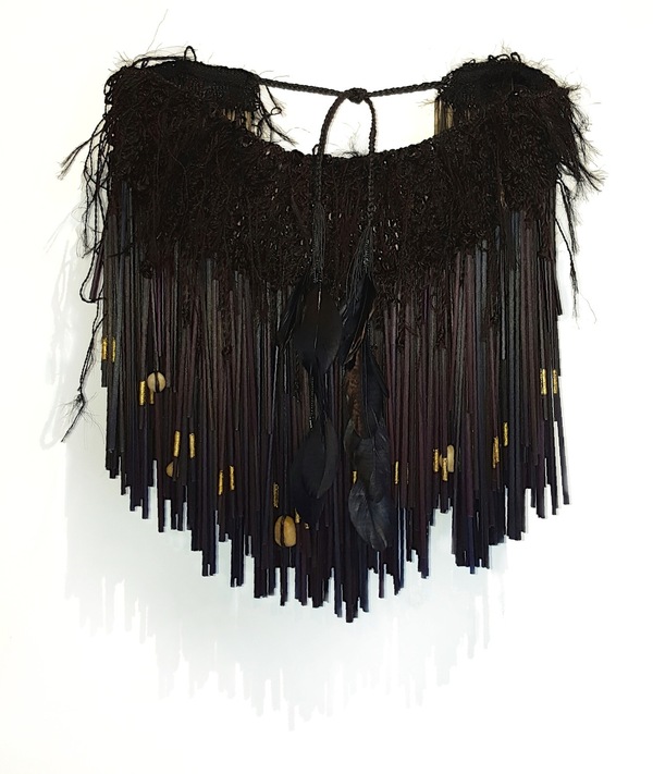 Michelle Mayn NYC Cape Dried and rolled Harakeke, Gold Leaf (Imitation), Crystal, Muka (flax fibre), Polyurethane coated cotton, stone and feather