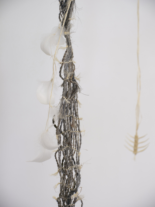 Michelle Mayn Fragment & Peripheres Muka (processed harakeke fibre; NZ Flax, Phormium Tenax), driftwood, found feather, silver wire, Swarovski crystal, ground shell