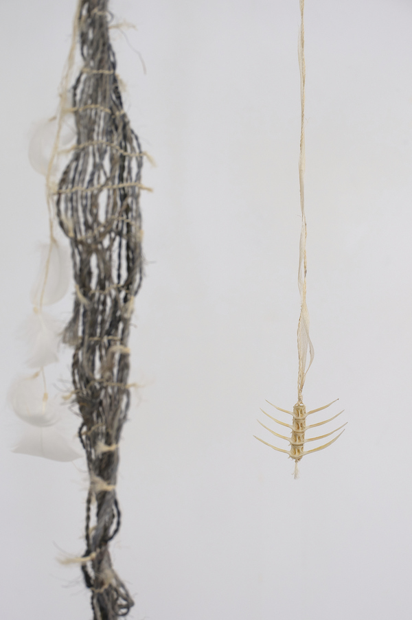 Michelle Mayn Fragment & Peripheres Found fishbones (unknown species), muka (processed harakeke fibre; NZ Flax, Phormium Tenax), houhere (Hoheria, ribbonwood), adhesive