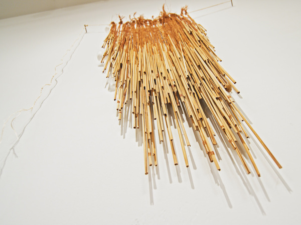 Michelle Mayn Pokinikini & Tanekaha Muka aho/thread (NZ Flax fibre), pokinikini tags, copper wire, feather and pebble