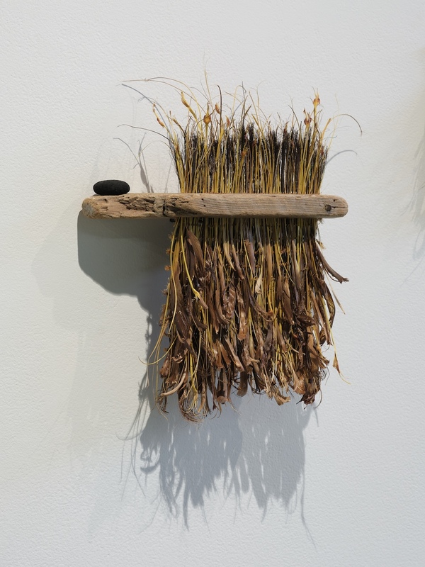 Michelle Mayn Pīngao & Driftwood II (2025) Muka (processed harakeke fibre; NZ Flax, Phormium Tenax), Pīngao (Golden sand-sedge, Ficinia spiralis), charcoal, nylon fishing line. Natural dye - tānekaha bark (Phyllocladus trichomanoides) and commercial dye, 