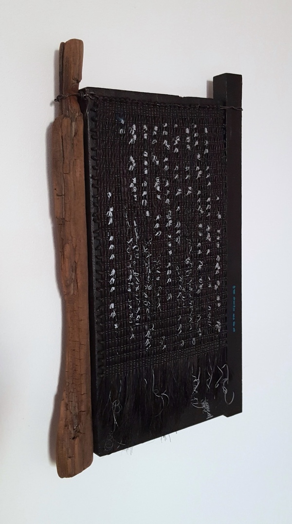  Light on Dark Muka (New Zealand Flax) Fibre, reflective thread, polyurethane coated thread, wood, driftwood, balsa wood, wire and acrylic paint