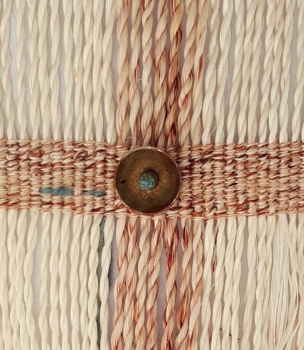 Michelle Mayn Tuaira VI (Hokianga) 2016 Muka (NZ flax fibre), wool, muka hank, rusted pin, rusted wire.