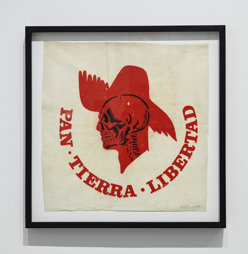 Miguel Luciano Ride or Die Mixed media on vintage campaign flag of the Partido Popular Democratico (PPD), Puerto Rico's pro-commonwealth party (c.1970s).