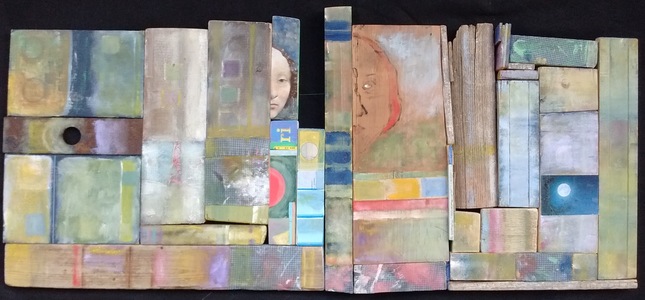 Pete Seligman Constructions Oil, metal, textile, book cover, collage on wood