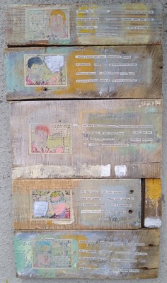 Pete Seligman Collages Newspaper pictures and text & acrylic on wood
