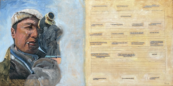 Pete Seligman Paintings Oil & cold wax with newspaper phrases on wood