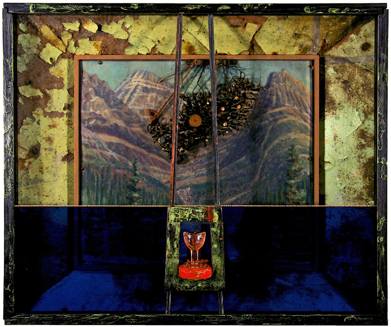 todd bartel Salvages tempera and casein on constructed wood box; fire ravaged Masonite from the burned ruins (2001) of Paul Molinelli’s home in Vermont; rusted nails hammered into glacier area of discarded landscape painting (signed front); mustard seeds between layers of glass; eye wash cup, and mercury, glass globe.