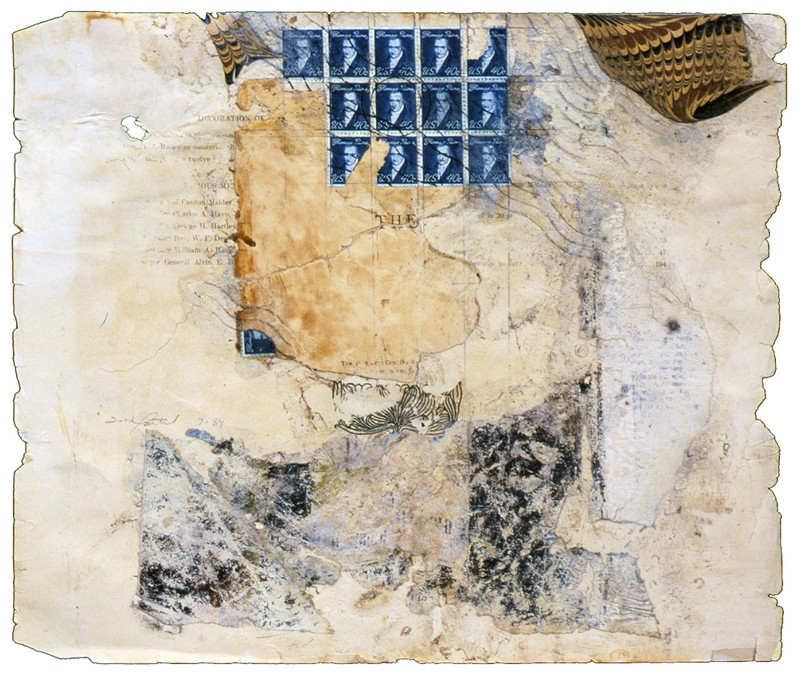 todd bartel Collages 1983-1984 gouache, pencil, pressed leaves, aged magazine page, stamps, Elmer's glue and book cutouts on Odd Fellows Union yearbook page (c. 1930)
