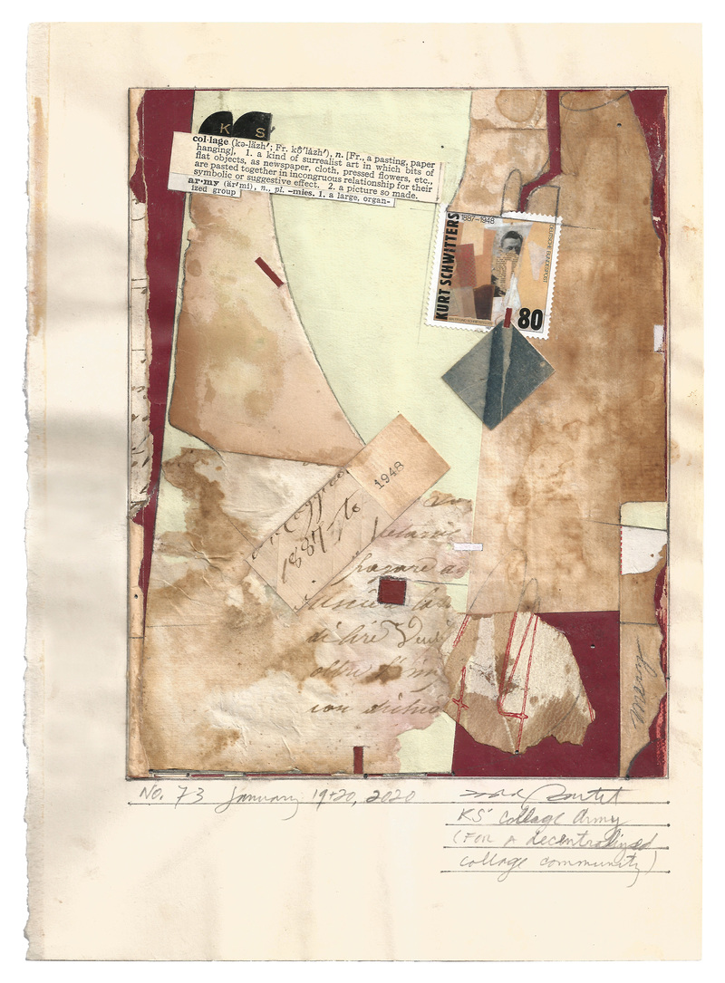 todd bartel Homages collage, 19th-century paper, wall paper fragment, dictionary definitions, dictionary letter tabs, stamp, 1887 hand written Italian letter remnants, Yes glue, watercolor, pencil, typewriter ink