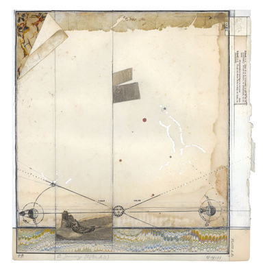 todd bartel Landscape Vernacular burnished, interlocking collage, 19th-century papers, end pages, dictionary definitions, photo-transfers on end pages, yes glue, archival document repair tape, and Alfred DeCredico’s collage remnants