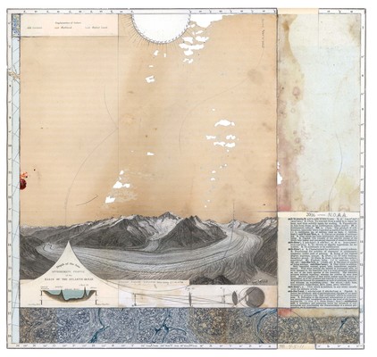 todd bartel Landscape Vernacular burnished, interlocking collage, 19th-century papers, end pages, book engravings, dictionary definitions, photo-transfers on end pages, map graticules, yes glue, archival document repair tape, and Alfred DeCredico’s collage remnants