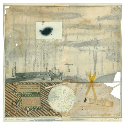 todd bartel Landscape Vernacular burnished, interlocking collage, 19th-century papers, end pages, marbled paper, rain washed and weather-beaten bulletin board paper, found ink-imbued card, photo-transfers on end pages, weather-beaten wallpaper remnant, atlas chart, map graticules, dictionary letter tab, yes glue, pencil, antique cellophane tape, archival document repair tape and dictionary definitions