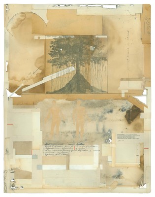 todd bartel Landscape Vernacular burnished, interlocking collage, paper bandaid repairs, 19th century papers, end pages, marbled papers, Xerographic prints on antique end pages, toner transfers on rain eroded bulletin board papers, cancelled stamp and envelope remnant, pencil, antique cellophane tape, archival document repair tape, yes glue and dictionary definitions