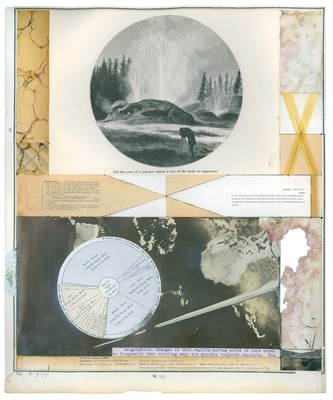 todd bartel Landscape Vernacular burnished, interlocking collage, 19th-century papers, end pages, photo-transfers on end pages, Mimeograph, improperly exposed/fixed photo remnants, Italian letter remnant (c. 1880), yes glue, pencil, antique cellophane tape, archival document repair tape, and dictionary definitions