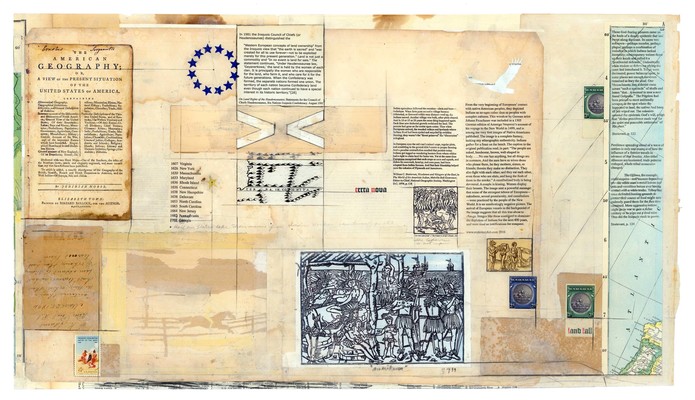 todd bartel Landscape Vernacular burnished interlocking collage, 19th century book end pages, book engraving (View in the Valley of the Mohawk, James Duthie, c. 1870), 20th century map, gummed star labels (recto), stamps (verso), map graticules, Xerographic transfers, watercolor, graphite, document repair tape, Yes glue, artist made frame
