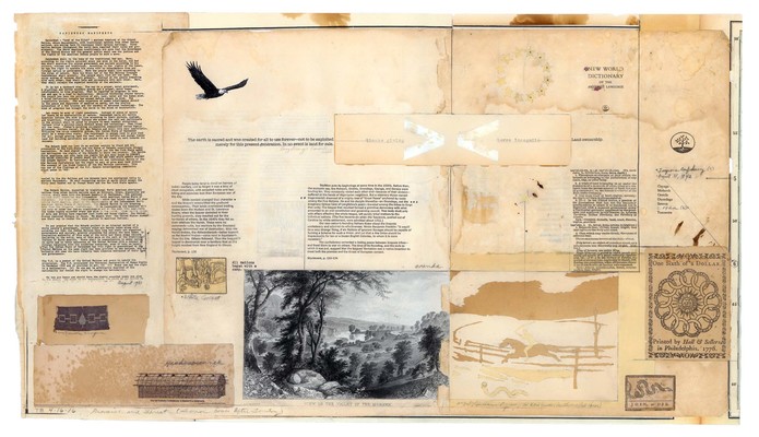 todd bartel Landscape Vernacular burnished interlocking collage, 19th century book end pages, book engraving (View in the Valley of the Mohawk, James Duthie, c. 1870), 20th century map, map graticules, gummed star labels (recto), stamps (verso), Xerographic transfers, watercolor, graphite, document repair tape, Yes glue, artist made frame